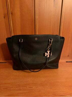 Tory Burch Black Leather Tote with Gold Hardware and Pink Logo Charm